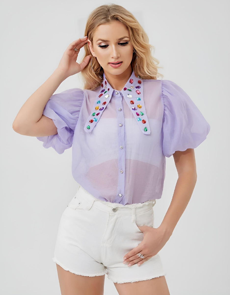 Camicia Donna Colletto Pietre Multicolore Gioiello Bottoni Velata Mezz – LE  STYLE DE PARIS