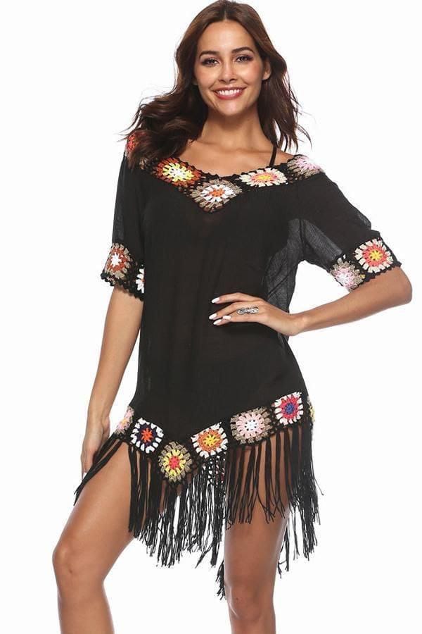 Women's cover-up Up V-Neck Three Quarter Sleeve Crochet Tulle