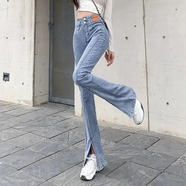 Pantalone Vita Alta Senza Bottoni Aderente Elastico Zampa Elegante Cas – LE  STYLE DE PARIS