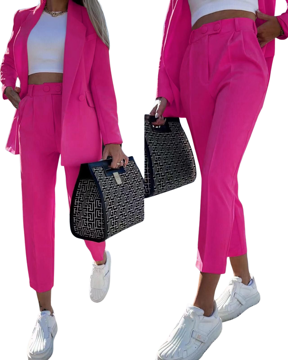 Tailleur completo rosa azzurro giacca manica lunga pantaloni slim elegante  4877