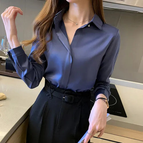 Elegante Donna Seta Raso Camicetta Manica Lunga Scollo V Ufficio Lavoro  Camicia