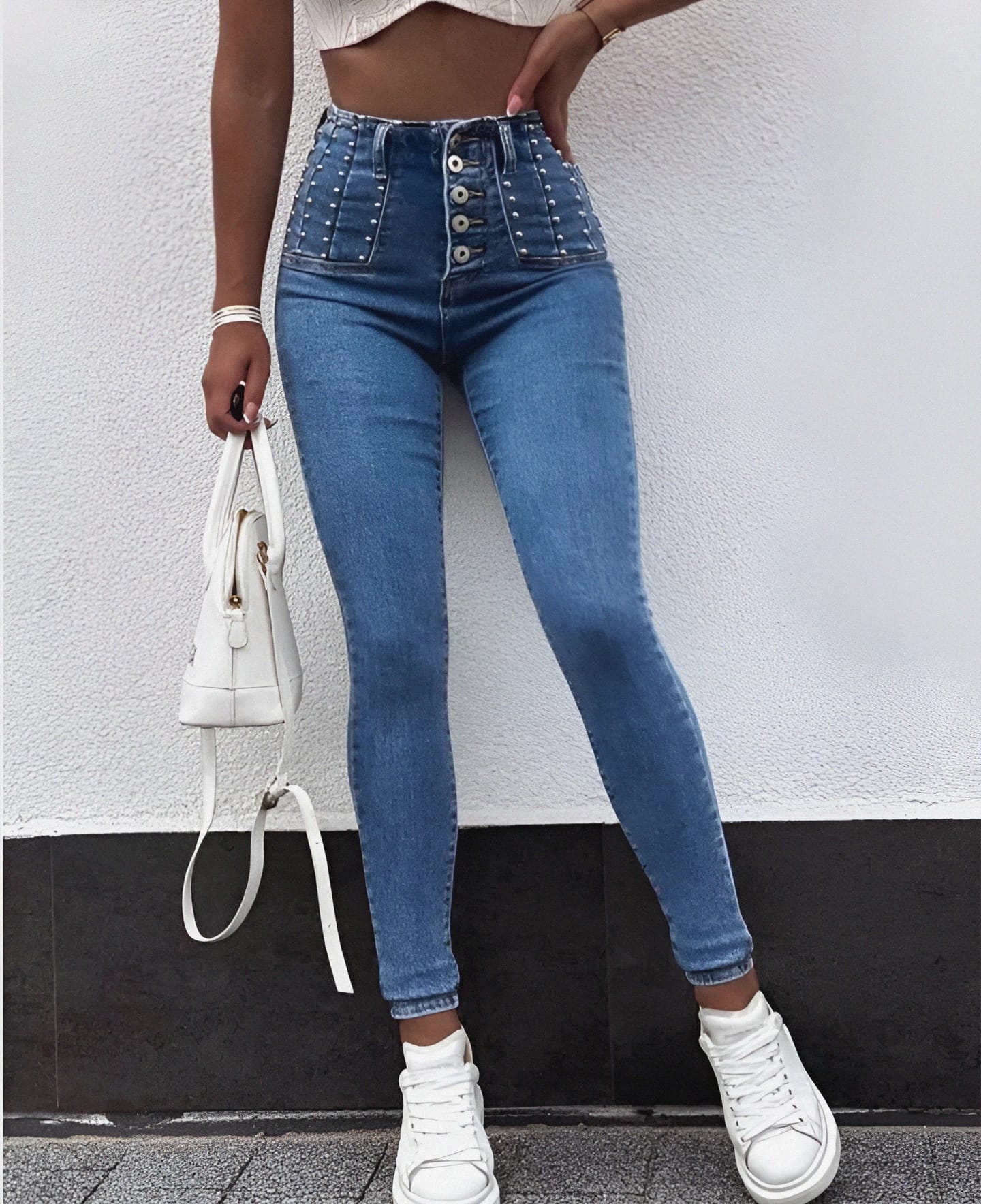 Pantalones de mujer Jeans Bolsillos Botones Rasgados Flaco Cintura alt – LE  STYLE DE PARIS