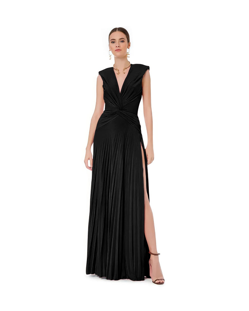 Abito Donna Lungo Scollo V Spacco Alto Plissé Lurex Nodo Sensuale Elegante - LE STYLE DE PARIS