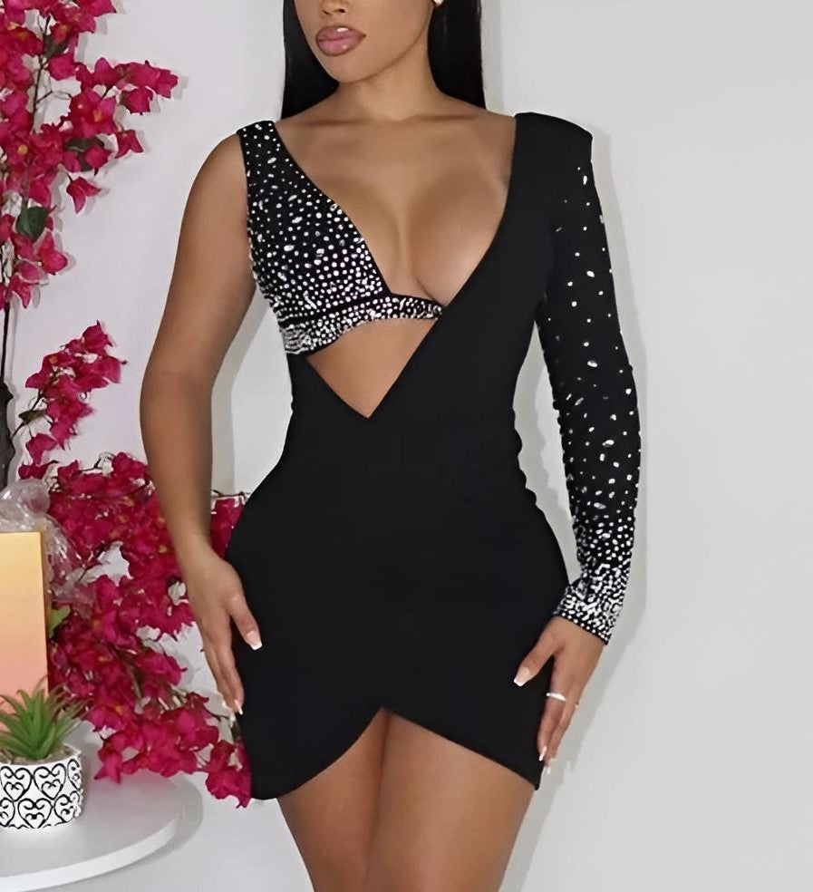 
                  
                    Vestito Donna Tubino Mono Spalla Strass Scollo Cuore Incrociato Elegante Sensuale - LE STYLE DE PARIS
                  
                