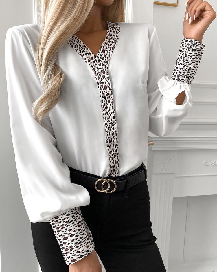 Shirt Blusa Woman Elegant Soft Neck V Long Sleeved Maculate