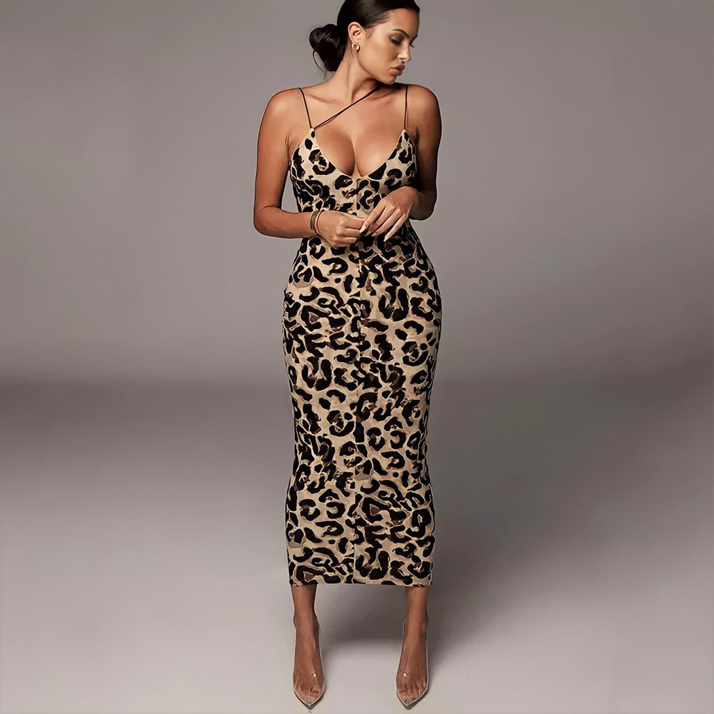 Abito Donna Longuette Scollo Cuore Bretelle Aderente Fantasia Animalier Maculata Sensuale Elegante - LE STYLE DE PARIS