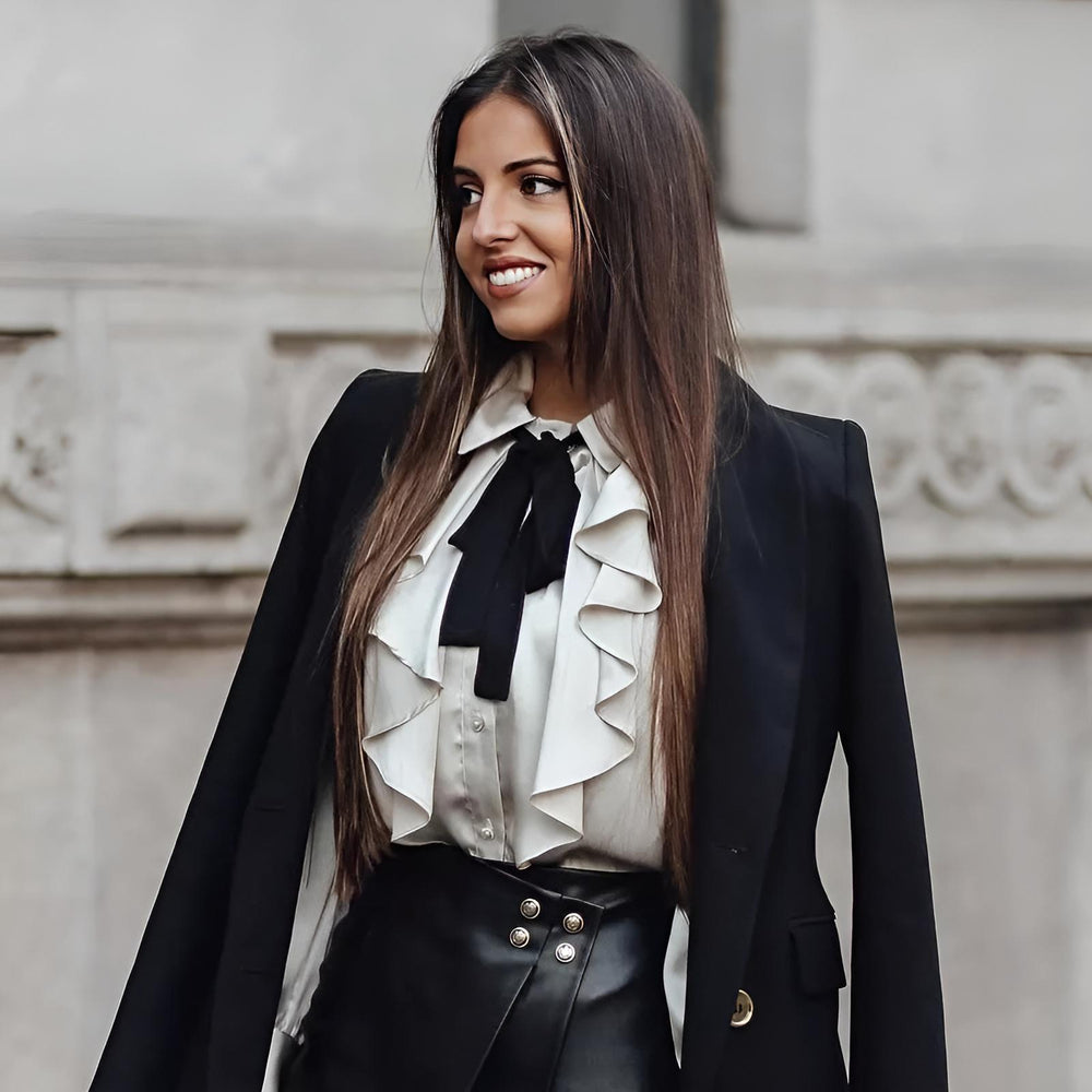 Camicia Donna Colletto Bottoni Manica Lunga Rush Fiocco Bicolore Elegante Sensuale - LE STYLE DE PARIS