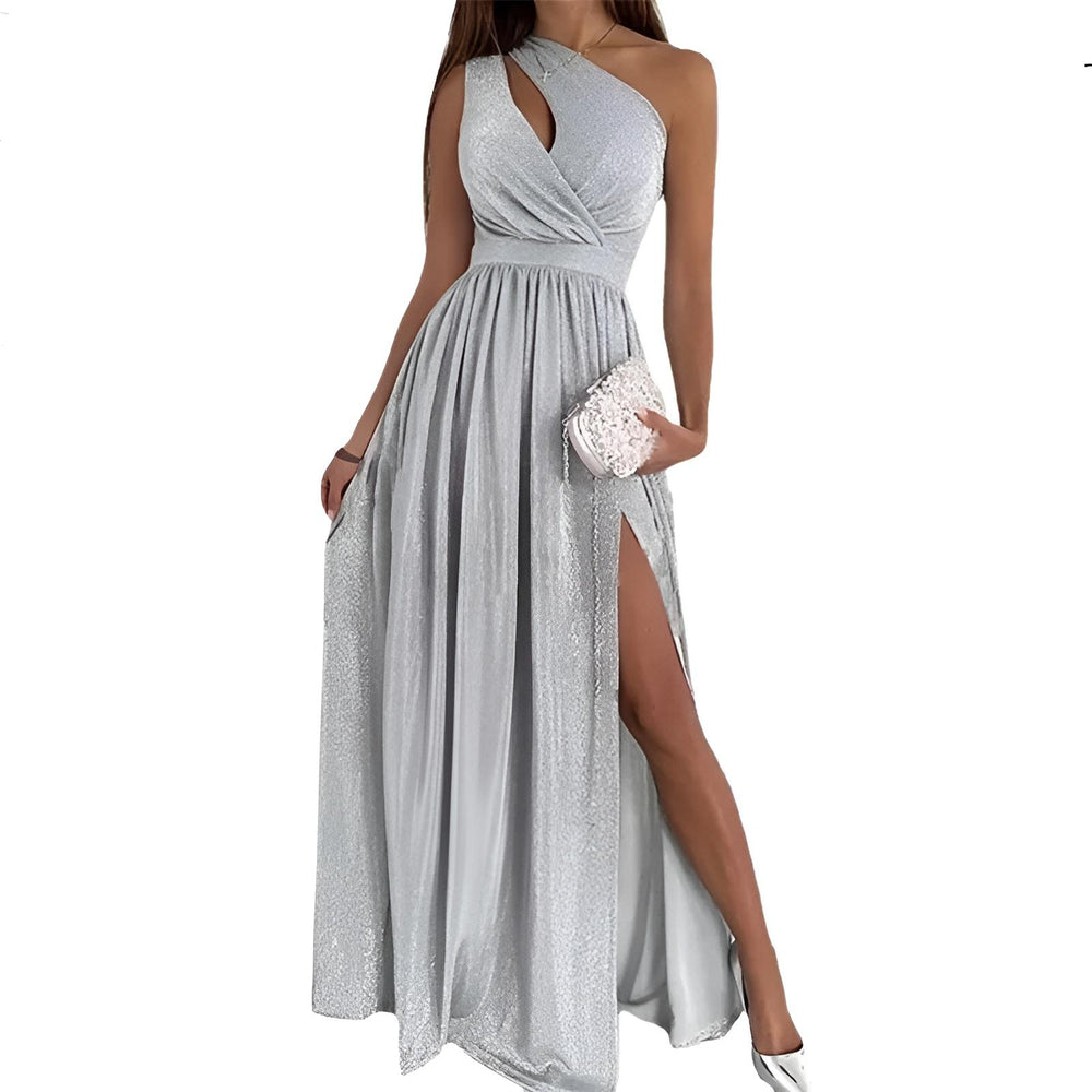 Abito Donna Lungo Lurex Spacco Alto Plissé Mono Spalla Scollo Trasversale Sensuale Elegante - LE STYLE DE PARIS