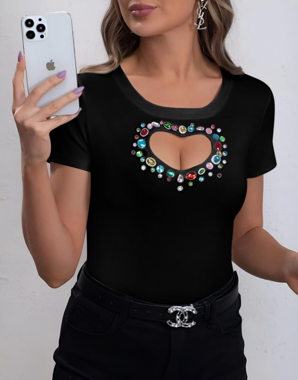 Maglia Donna Mezza Manica Aderente Cuore Pietre Multicolore Gioiello Casual  Elegante